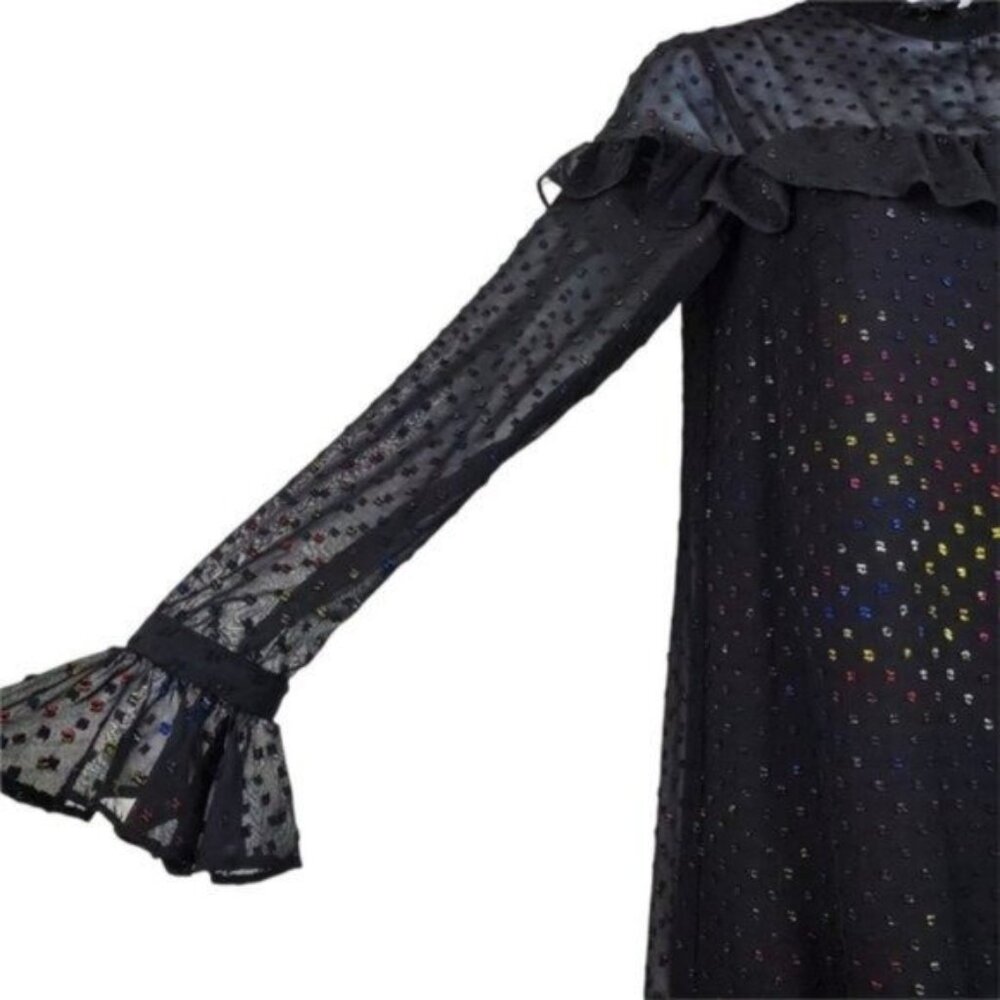 Betsey Johnson Womens Long Sleeve Black Shimmer Ruffle Shift Mini Dress Size 0 - Picture 4 of 9